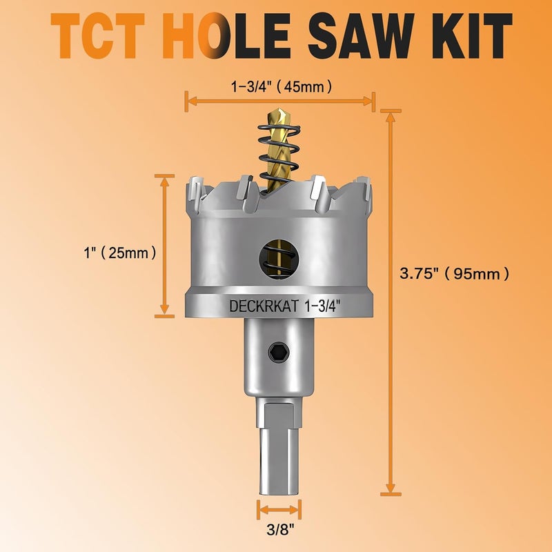 DECKRKAT 1-3/4" TCT Hole Saws for Hard Metal, Heavy Duty 45mm Tungsten Carbide Tipped Hole Cutters Set with Spring-Loaded Pilot Drill Bits for Stainless Steel, Metal, Iron, and Plastic. - Image 2
